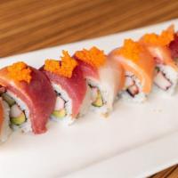 Rainbow Roll · crabmeat, avocado, cucumber
[tuna, salmon, red snapper, masago on top]