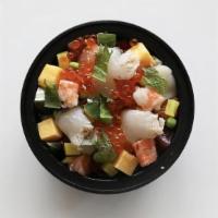 Chirashi Bowl · Japanese style variety of raw fish with rice. With miso soup.