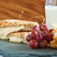 Mini Moo · For the kids - grilled cheese on wheat, no crusts, with chips, and grapes.