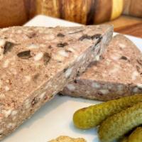 Pate Plate · Country style pate served with cornichons, whole grain mustard, and crusty bread.