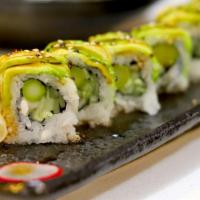 Green Dragon Sushi Roll · Vegetarian. Asparagus, cucumber, top with avocado, eel sauce, sesame seed.
