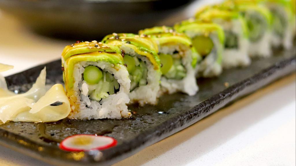 Green Dragon Sushi Roll · Vegetarian. Asparagus, cucumber, top with avocado, eel sauce, sesame seed.
