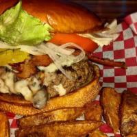 1/2Lb Stuffed Flaming Georgia Burger · Stuffed pepper-jack cheese, topped with 2 slices of pepper-jack cheese, grilled onions, jala...