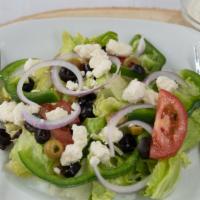 Greek Italian Salad · Fresh lettuce, tomatoes, onion, green peppers, black and green olives, and feta cheese with ...