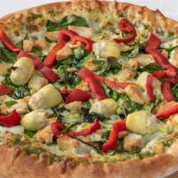 Basil Pesto Pizza · Fresh spinach, artichoke hearts, roasted red peppers, and feta cheese.
