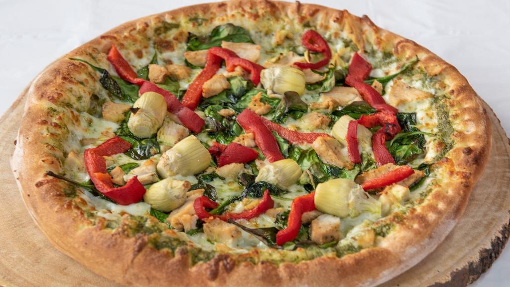 Basil Pesto Pizza · Fresh spinach, artichoke hearts, roasted red peppers, and feta cheese.
