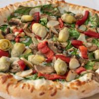 Spinach Artichoke Pizza · Alfredo sauce, spinach,artichoke hearts, mushroom,fresh garlic, roasted red peppers, with mo...
