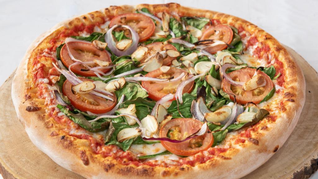 Spinach Pizza · Fresh spinach, tomato, onion, and feta cheese.