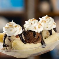 Banana Split (3 Scoops) · Includes one banana, three scoops of your favorite flavor(s), whipped cream, & three topping...