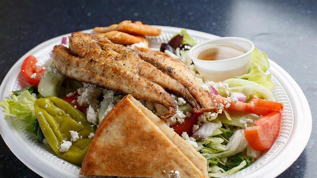 Grilled Redfish Salad · Grilled redfish atop fresh garden greens. W/tomatoes, red onions, cucumber, Feta cheese, Kalamata olives, and pepperoncini. Served with homemade dressing and pita slices.
