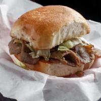 Gyro Burger · SLICED gyro(lamb&beef), lettuce, tomato, red onion, and homemade tzatziki sauce on a toasted...