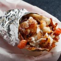 Grilled Shrimp Specialty Gyro · Grilled, jumbo shrimp. Dressed with melted mozzarella and feta cheese, grilled red onion, an...