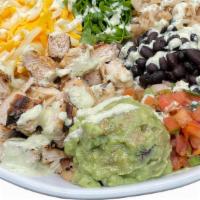 Baja Bowl · grilled chicken / black beans / sanchez rice / cheddar jack / lettuce / pico / guac / jalape...