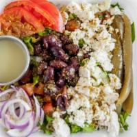 Greek Salad · Tomatoes, sliced cucumbers, green bell peppers, red onion, sliced, or cubed feta cheese and ...