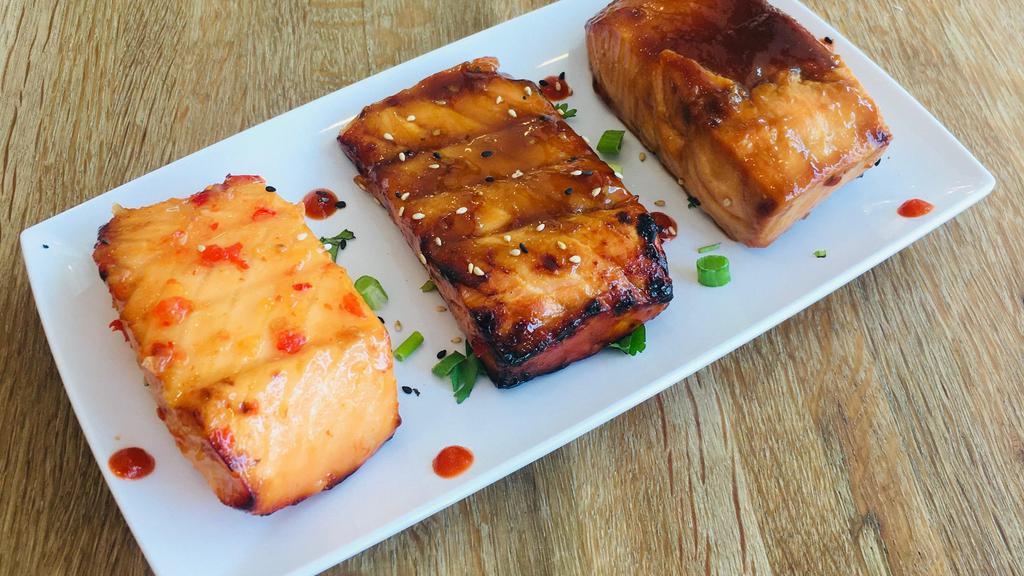 Baked Salmon · 5oz salmon filet topped with teriyaki, miso glaze, or sweet chili sauce