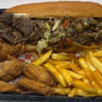 Philly Cheese & 5 Wings & Fries & 20Oz Soda Drink · Philly Cheese Steak & 5 Wings Includes French Fries and Drink