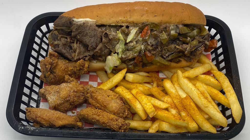Philly Cheese & 5 Wings & Fries & 20Oz Soda Drink · Philly Cheese Steak & 5 Wings Includes French Fries and Drink
