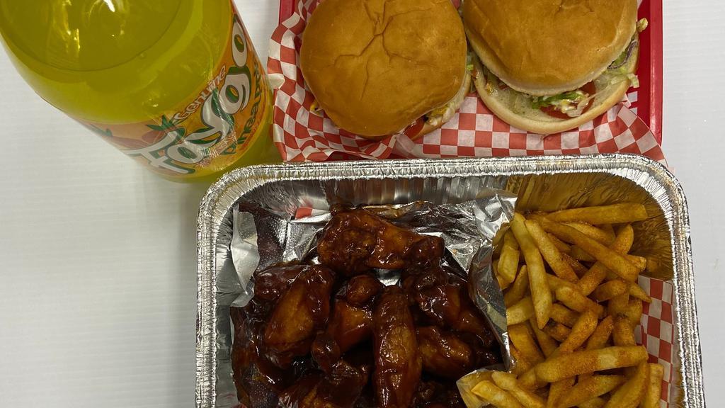 #5 2 Burgers & 10 Wings · 2 American Burgers & 10 Wings served with French Fries and 2 Liters Faygo soda
Burgers ( American Cheese , Lettuce, Tomato, Onions,Pickles, Ketchup, Mustered,Mayo)