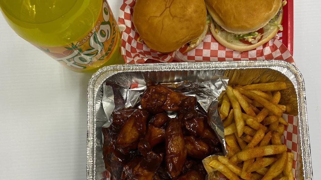 #6 4 Burgers & 20 Wings · 4 American Burgers & 20 Wings Served with French Fries and 2 Liters Soda
Burgers ( American Cheese , Lettuce, Tomato, Onions,Pickles, Ketchup, Mustered,Mayo)