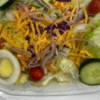 Garden Salad (Large) · Romaine Lettuce, Tomatoes, Cheddar Cheese, Onion, Cucumber,  Black Olives and Egg