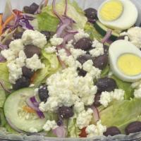 Greek Salad (Large) · Salad mix with Romaine Lettuce, Tomatoes, Cucumbers Kalamata Olives, Feta Cheese Onions and ...