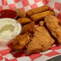 Appetizer Sampler · 2 mozzarella sticks, 2 chicken strips, 2 jalapeno poppers and 2 fried ravioli with homemade ...