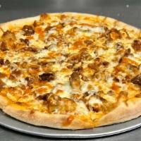 Buffalo Chicken Pizza · Mozzarella, hand breaded chicken breast, choice of mild, medium, or hot Buffalo sauce with c...