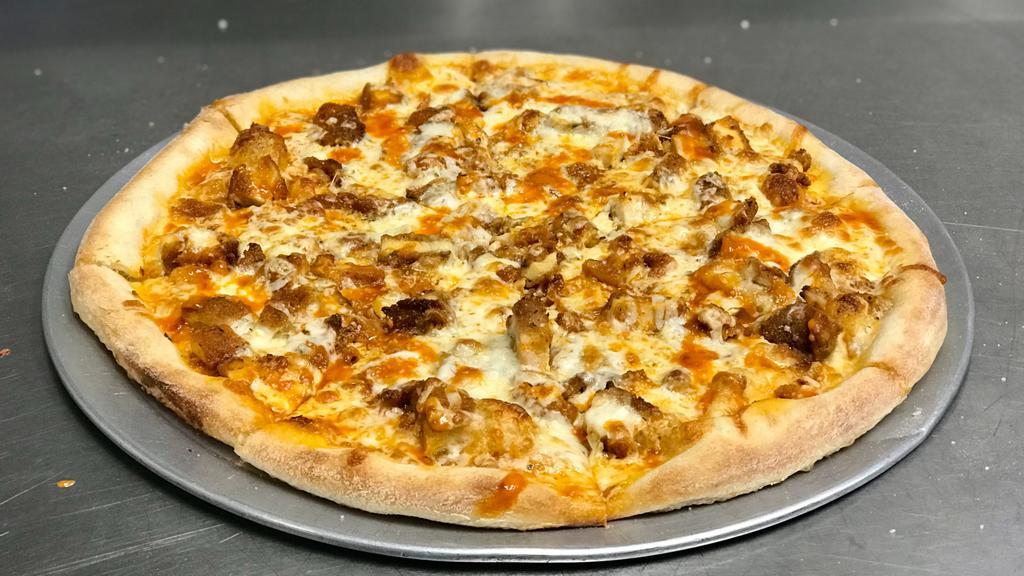 Buffalo Chicken Pizza · Mozzarella, hand breaded chicken breast, choice of mild, medium, or hot Buffalo sauce with choice of ranch or bleu on the side.