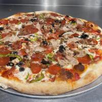 Supreme Pizza · Mozzarella, pepperoni, sausage, ground beef, bacon, onion, green pepper, mushroom and black ...