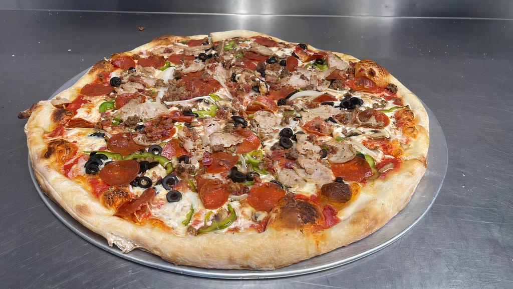 Supreme Pizza · Mozzarella, pepperoni, sausage, ground beef, bacon, onion, green pepper, mushroom and black olive.