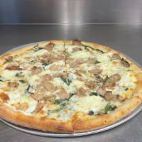 Brooklyn White Pizza · Mozzarella, ricotta, fresh spinach, sausage, garlic and extra virgin olive oil.