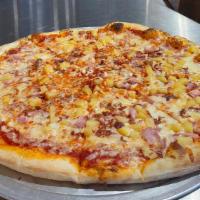 Hawaiian Pizza · Mozzarella, pineapple, ham and bacon.