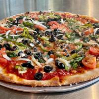 Veggie Supreme Pizza · Mozzarella, green pepper, onion, black olives, mushroom, fresh spinach and Roma tomato.