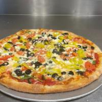 The Greek Pizza · Mozzarella, feta, tomato sauce, fresh spinach, Roma tomato, black olive, banana pepper, and ...