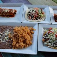 Pick 3 Combo · Pick any 3 of: soft taco, burrito, enchilada, tostada, rice & beans.  Complimentary protein ...