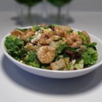 Southern Chop Salad · Mix greens, roasted corn, tomato, red onion, egg bacon, feta, cornbread croutons, brown suga...