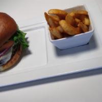 Cambria Burger · American cheese, lettuce, tomato, onion, thousand island dressing choice of: French fries or...