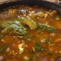 Charanda Soup · Chicken broth with white meat, our special dry pepper sauce, pico de gallo, and avocado slic...