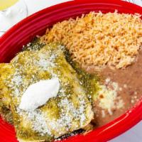 Enchiladas Verdes · Three chicken enchiladas topped with melted shredded cheese, our special green tomatillo sau...