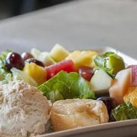 Chicken Salad & Fruit Plate · Bed of Lettuce topped with Mixed Fruit and a Scoop of Chicken Salad. Dressing on the Side.