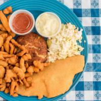 Large Seafood Platter · Served with coleslaw, fries and garlic bread.