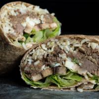The Arnold Wrap · Shredded beef, brown rice, green peppers, mushrooms, romaine, mozzarella and CE Buffalo sauc...