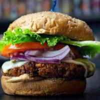 Nature Boy* · Homemade black bean burger, deep fried, and topped with pepper jack cheese, lettuce, tomato,...