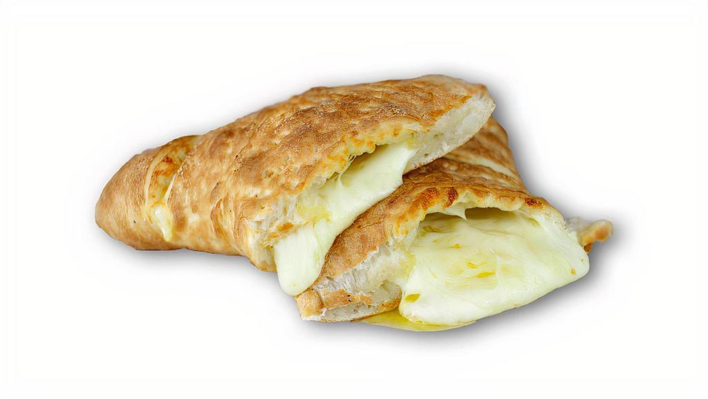 Calzone Style Cheese Bread · Calzone shaped cheesy bread with loaded mozzarella cheese inside & on the top, glazed with garlic sauce.