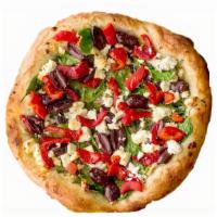 Greek Pizza Pizza · Olive oil base with black olives, feta cheese, fresh garlic, tomato, red onion bell peppers.