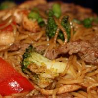 Yakisoba · Pan-fried yellow noodles with vegetables and your choice of chicken, shrimp or beef.