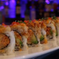 Germantown Roll · Spicy craw fish and avocado, topped with white fish tempura, garnished with spicy mayo, eel ...