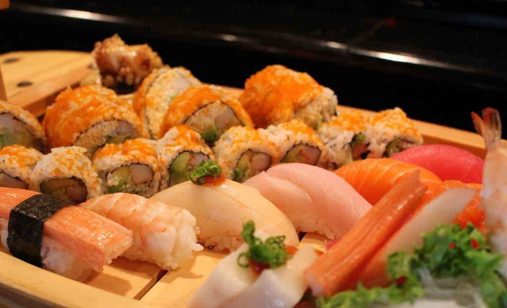 Sushi Lovers Dinner(For 2 People) · For two people. 6 pieces of chef's choice of Nigiri sushi, California roll, rock roll, Nagoya roll and assortment of Sashimi.