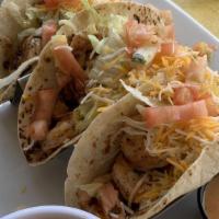 Shrimp Tacos · Three tacos served with house salad & your choice of rice & soup.