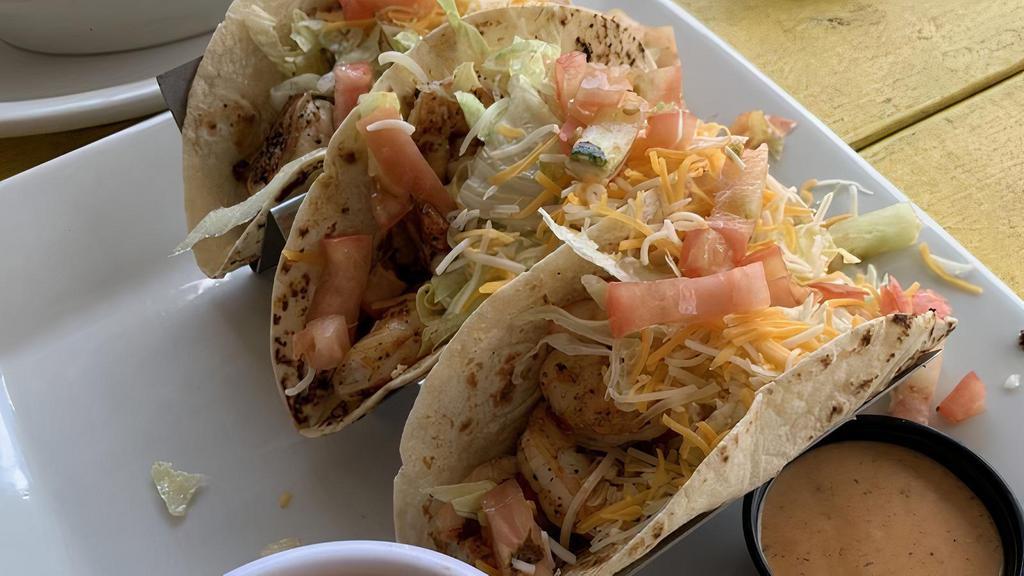 Shrimp Tacos · Three tacos served with house salad & your choice of rice & soup.